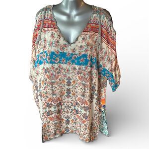 Johnny Was Floral Cold Shoulder Boho Blouse Multicolor Size L